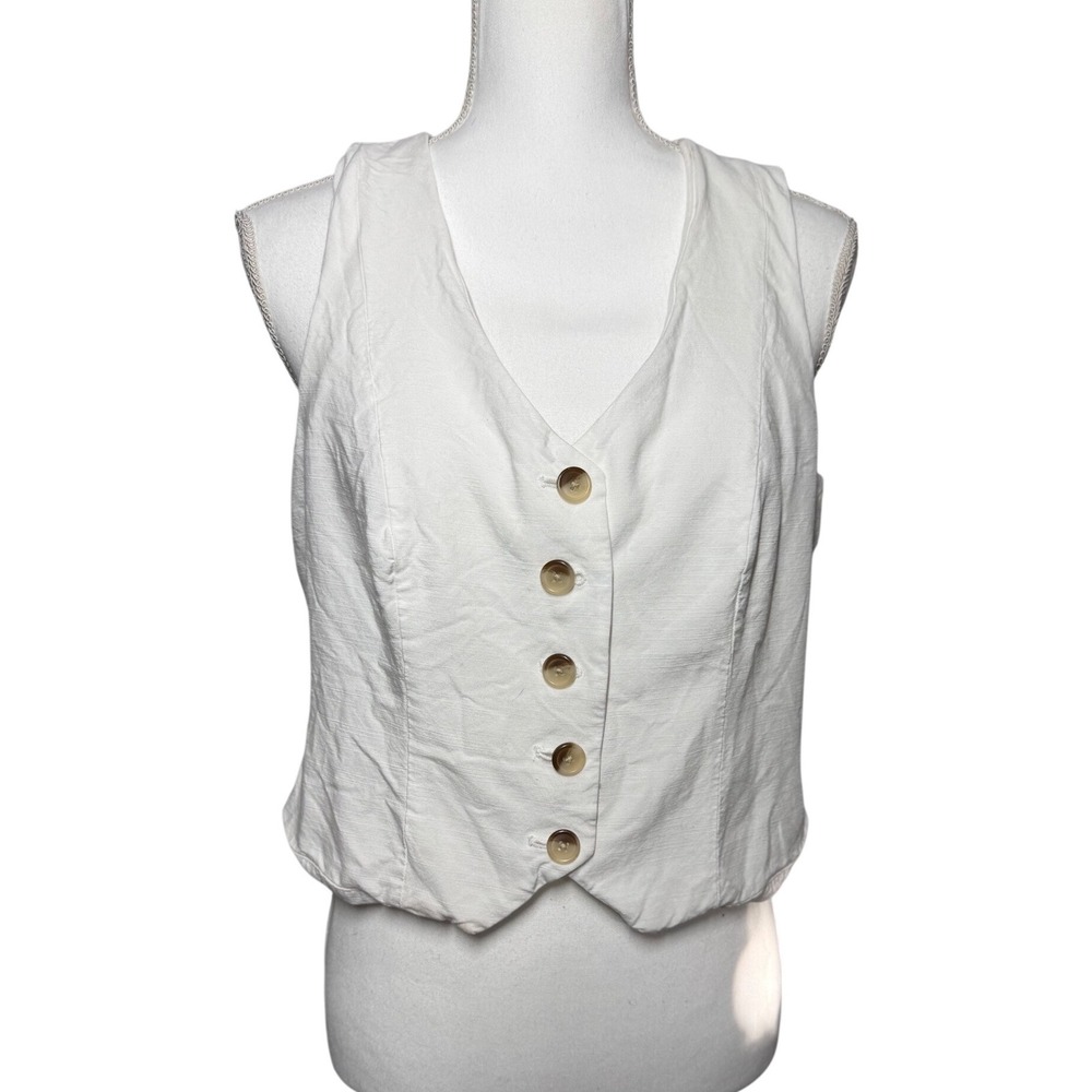 Bar III Sleeveless Button Front Vest 0X White Good Textured Back Tie V-Neck
